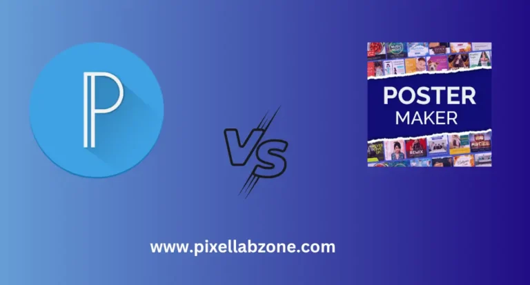 Pixellab vs Poster Maker app comparison banner highlighting key graphic design features for Android users