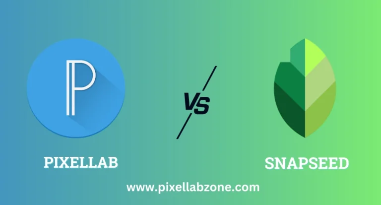 Pixellab vs Snapseed logo comparison graphic showing mobile design and photo editing tools